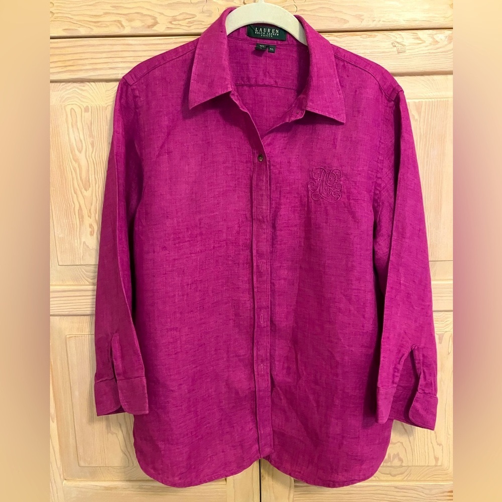 Lauren Ralph Lauren Button Down Shirt Linen Modern Prep Preppy Literary Chic